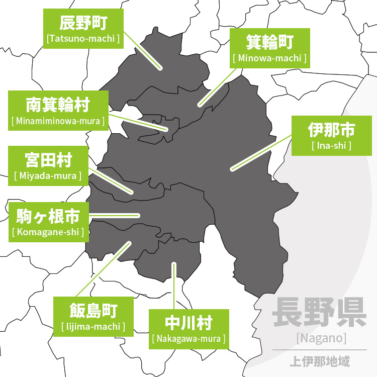 上伊那地域（伊那市、南箕輪村、駒ヶ根市、辰野町、箕輪町、飯島町、中川村、宮田村）